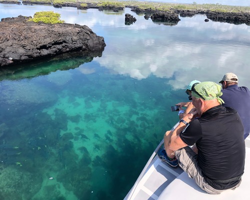 Guest taking a photo from a boat at Los Túneles, Galapagos